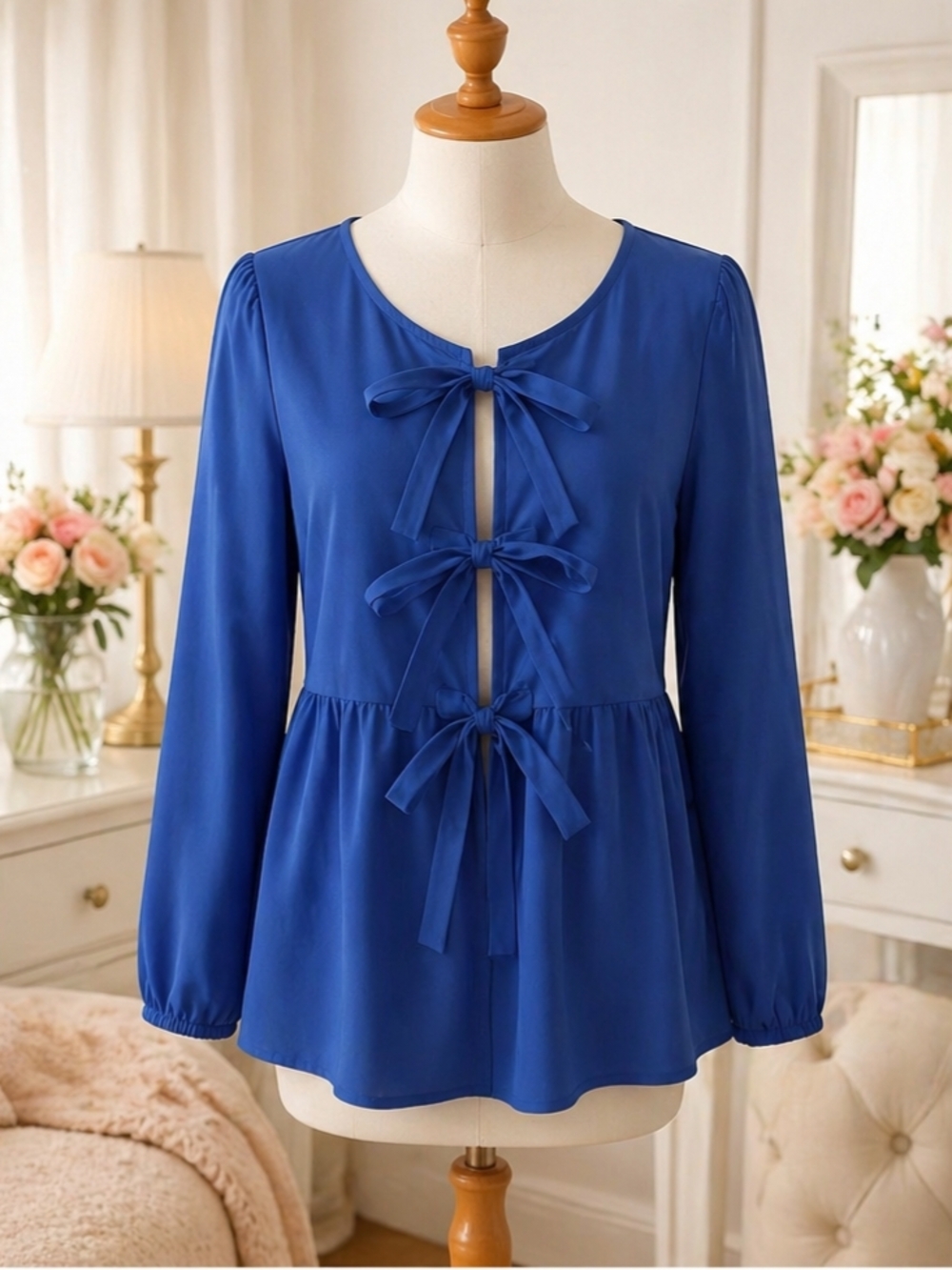 PrettyGarden Women’s Blue Tie Front Blouse Long Sleeve